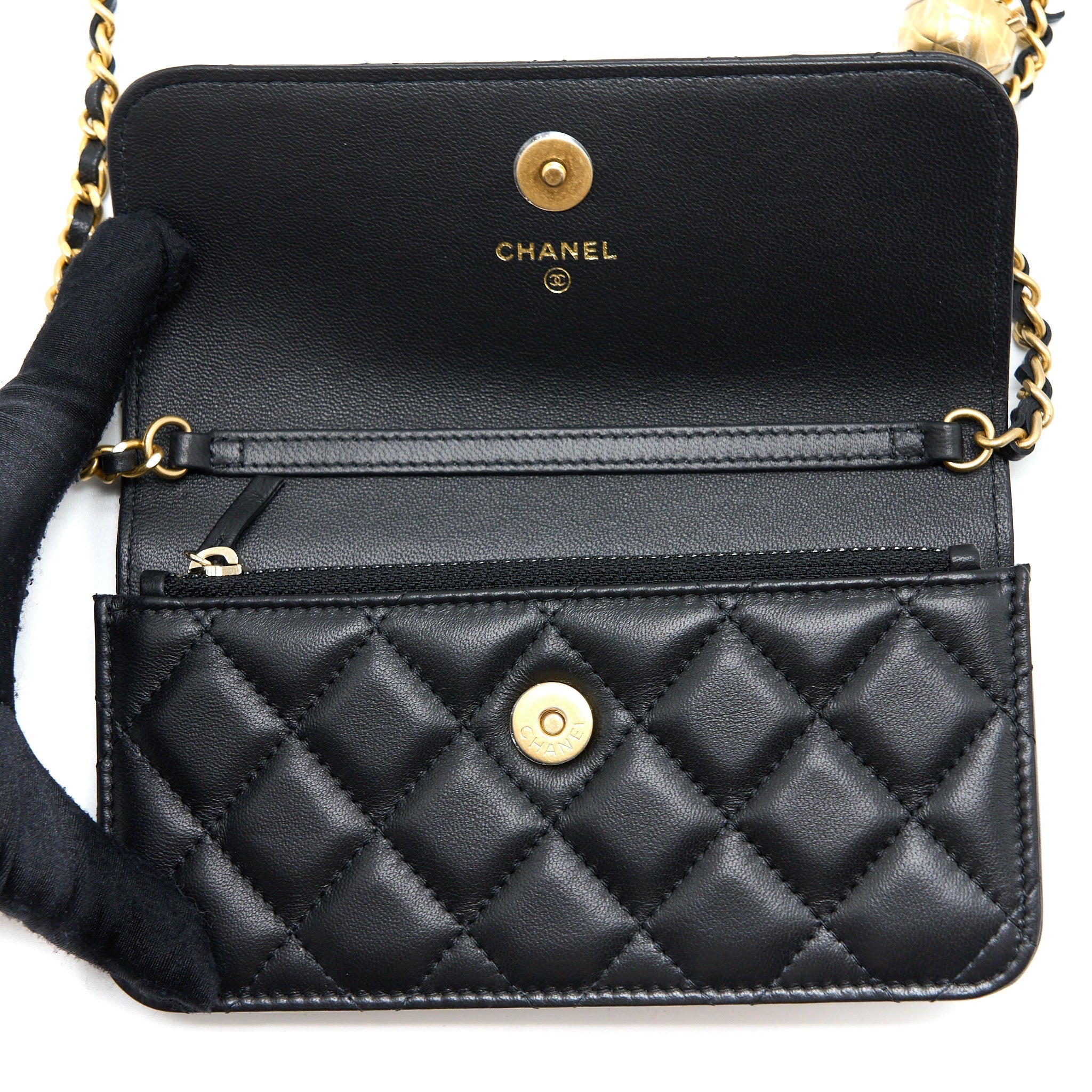 CHANEL PEARL CRUSH MINI WALLET ON CHAIN LAMBSKIN BLACK BRUSHED GHW (MICROCHIP)