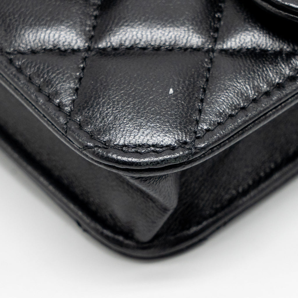 CHANEL MINI TOP HANDLE FLAP COIN PURSE WITH CHAIN LAMBSKIN BLACK LGHW