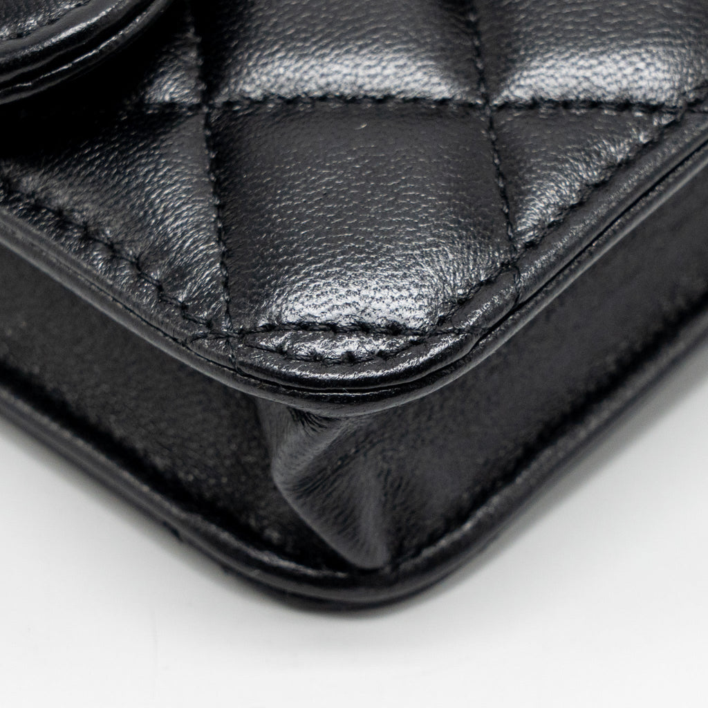CHANEL MINI TOP HANDLE FLAP COIN PURSE WITH CHAIN LAMBSKIN BLACK LGHW