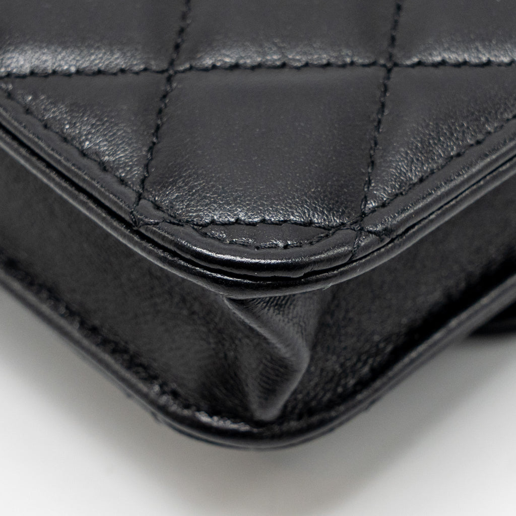 CHANEL MINI TOP HANDLE FLAP COIN PURSE WITH CHAIN LAMBSKIN BLACK LGHW