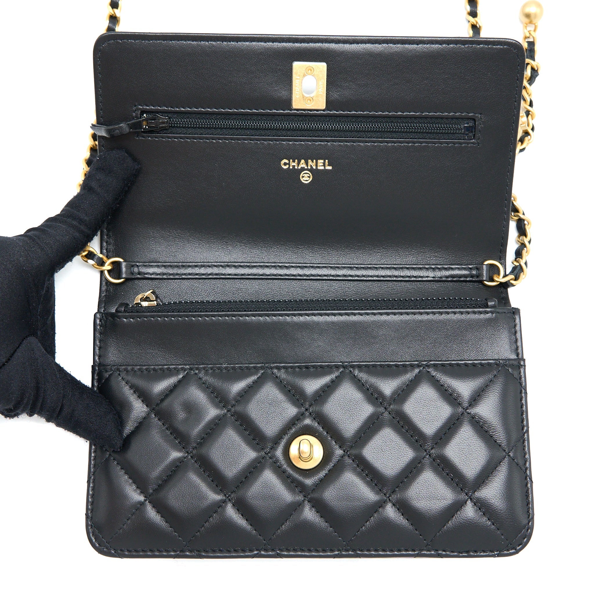 CHANEL PEARL CRUSH WALLET ON CHAIN LAMBSKIN BLACK GHW (MICROCHIP)