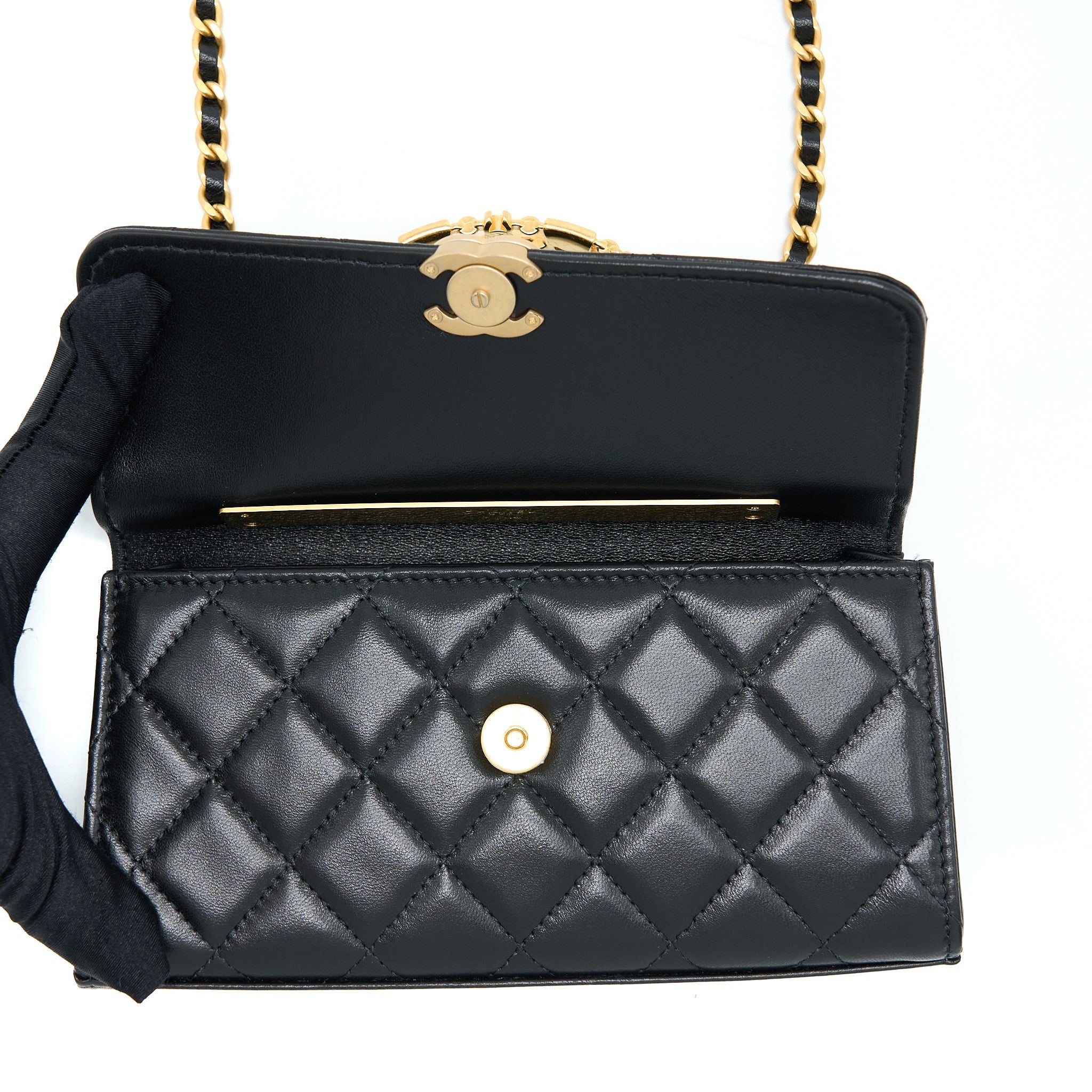 CHANEL 22B FLAP BAG WITH ENAMEL TOP HANDLE LAMBSKIN BLACK GHW