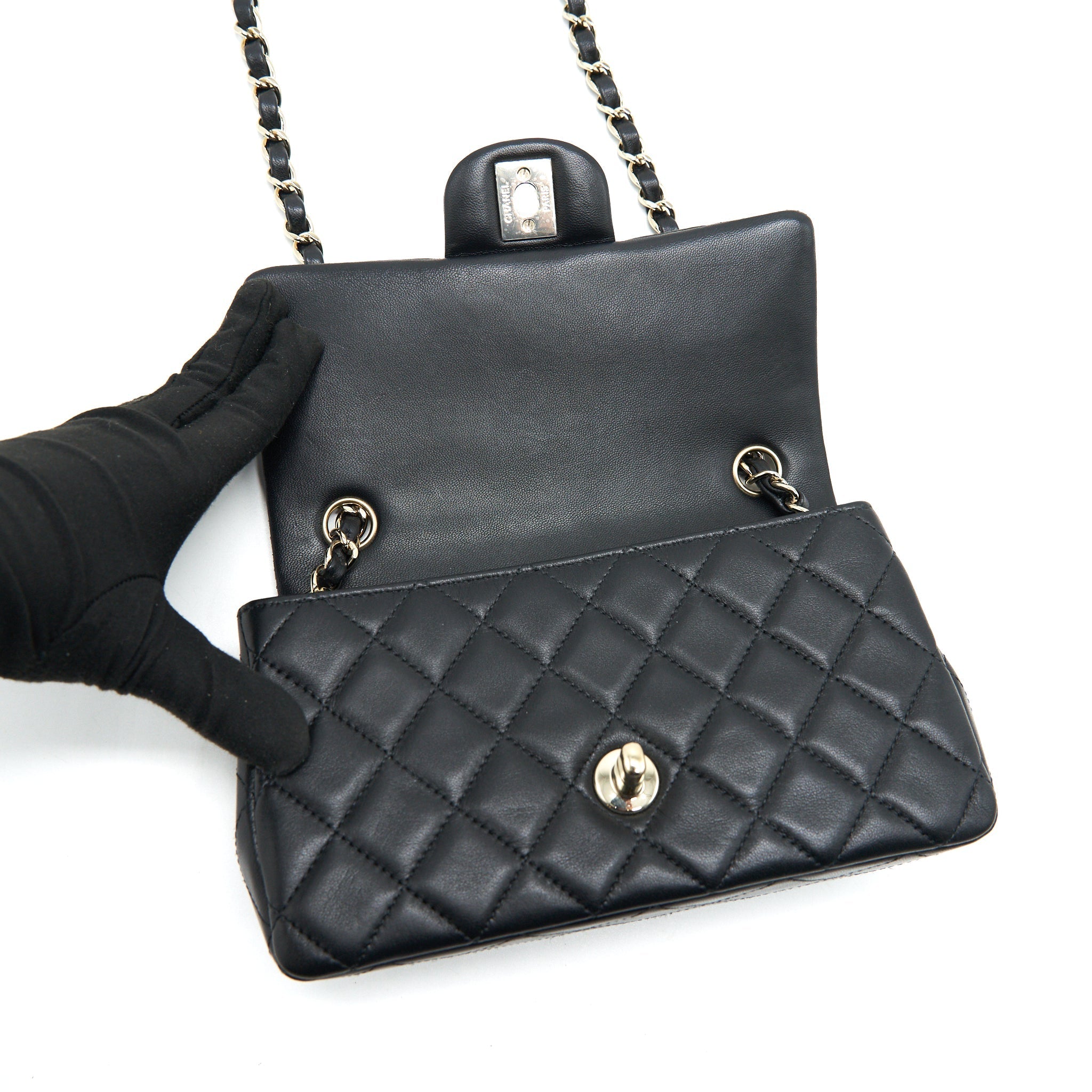 CHANEL MINI RECTANGULAR FLAP BAG BLACK LGHW SERIAL 30