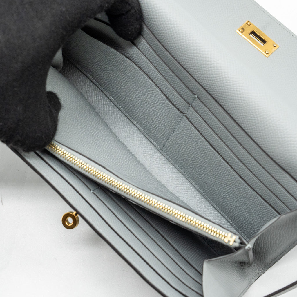 HERMES KELLY CLASSIC LONG WALLET EPSOM 8U BLEU GLACIER GHW