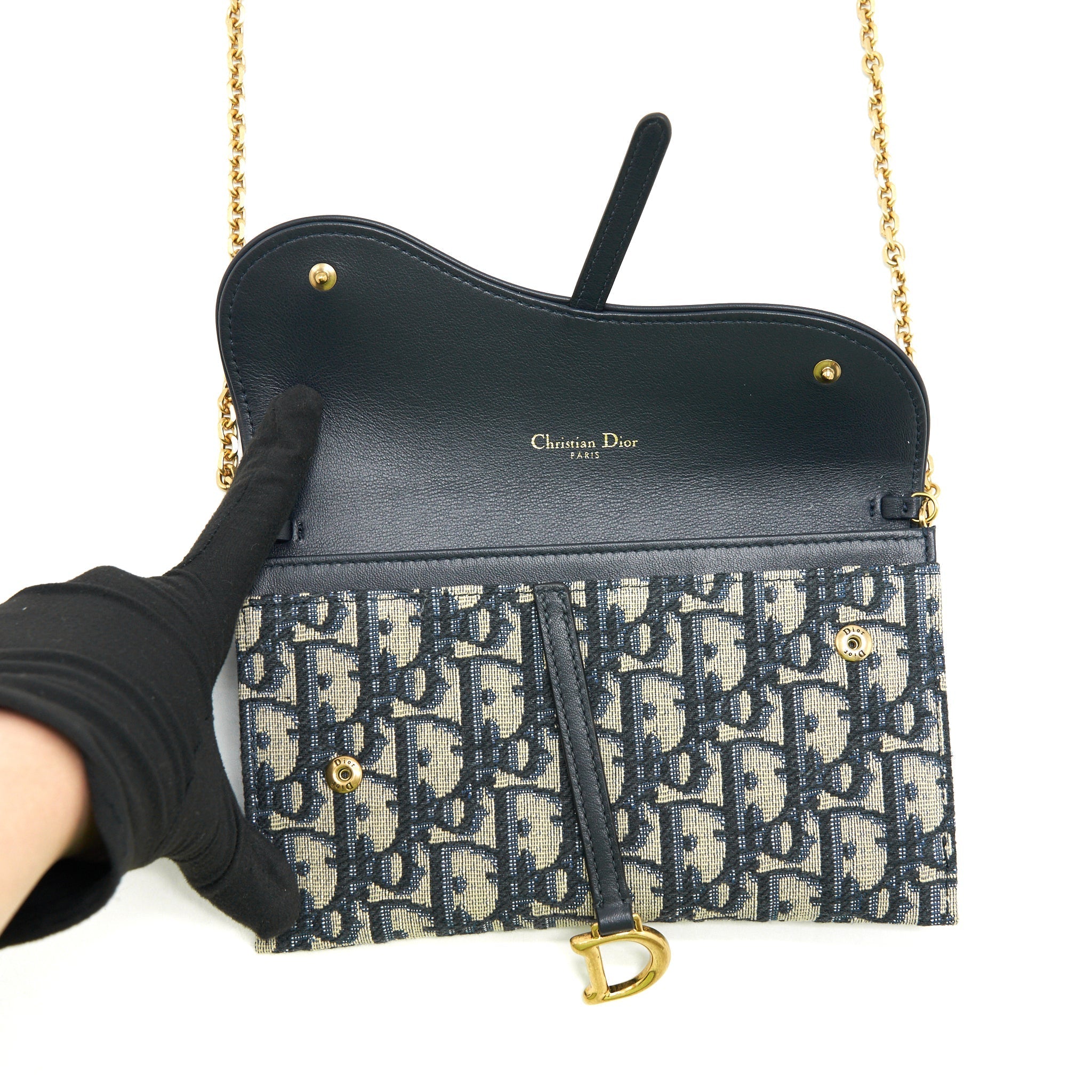 DIOR SADDLE WALLET ON CHAIN BLUE OBLIQUE JACQUARD