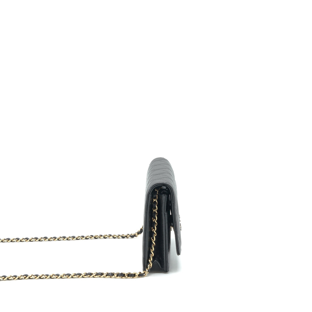 CHANEL 22S DETAIL CC LOGO WALLET ON CHAIN CAVIAR BLACK LGHW (MICROCHIP)