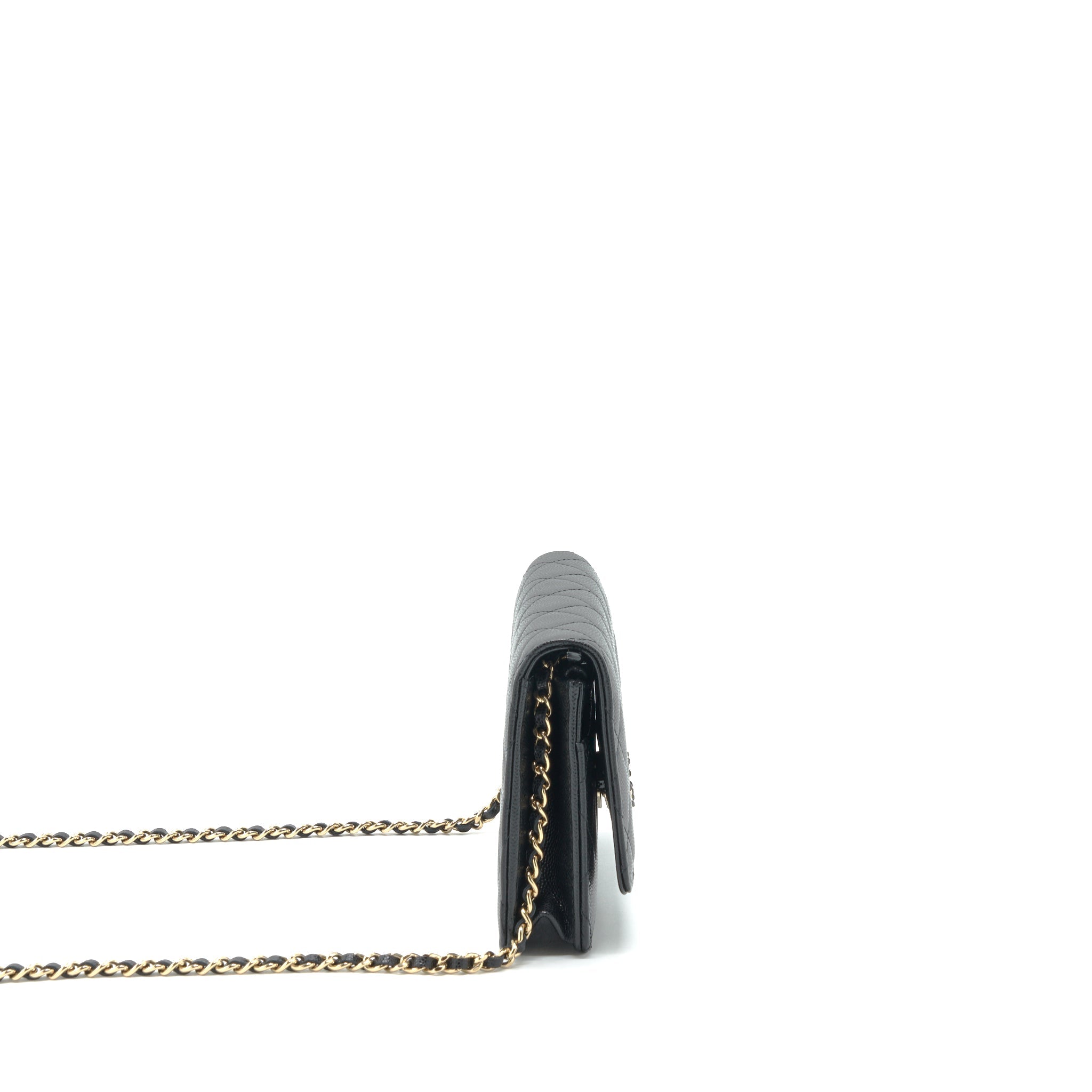 CHANEL 22S DETAIL CC LOGO WALLET ON CHAIN CAVIAR BLACK LGHW (MICROCHIP)