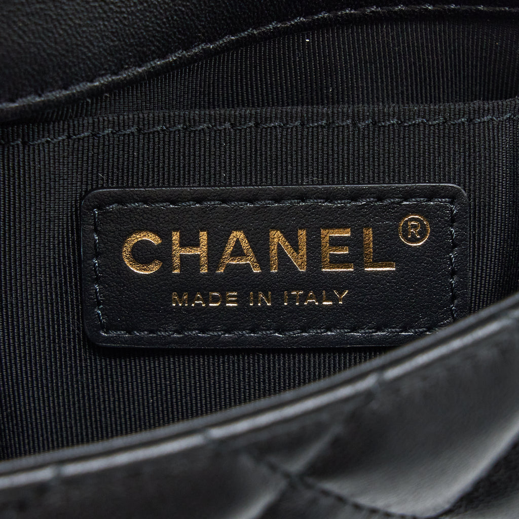CHANEL PEARL CHAIN FLAP BAG QUILTED LAMBSKIN BLACK LGHW