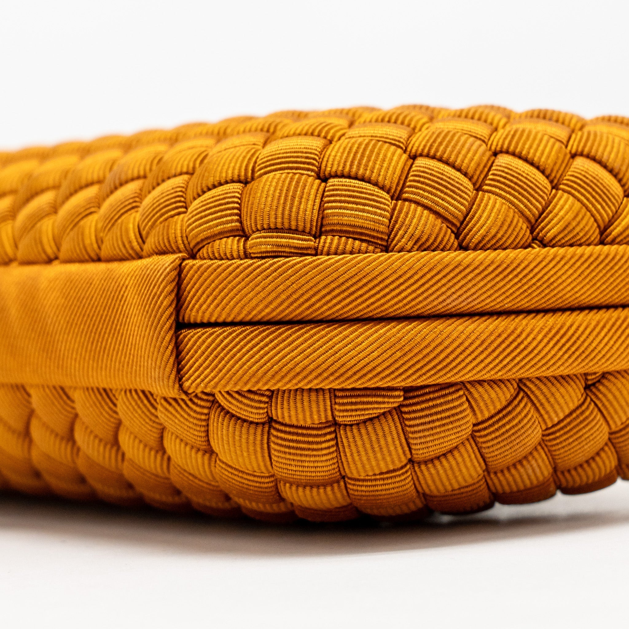 BOTTEGA VENETA INTRECCIO IMPERO AYERS STRETCH KNOT CLUTCH SATIN ORANGE RUTHENIUM HARDWARE