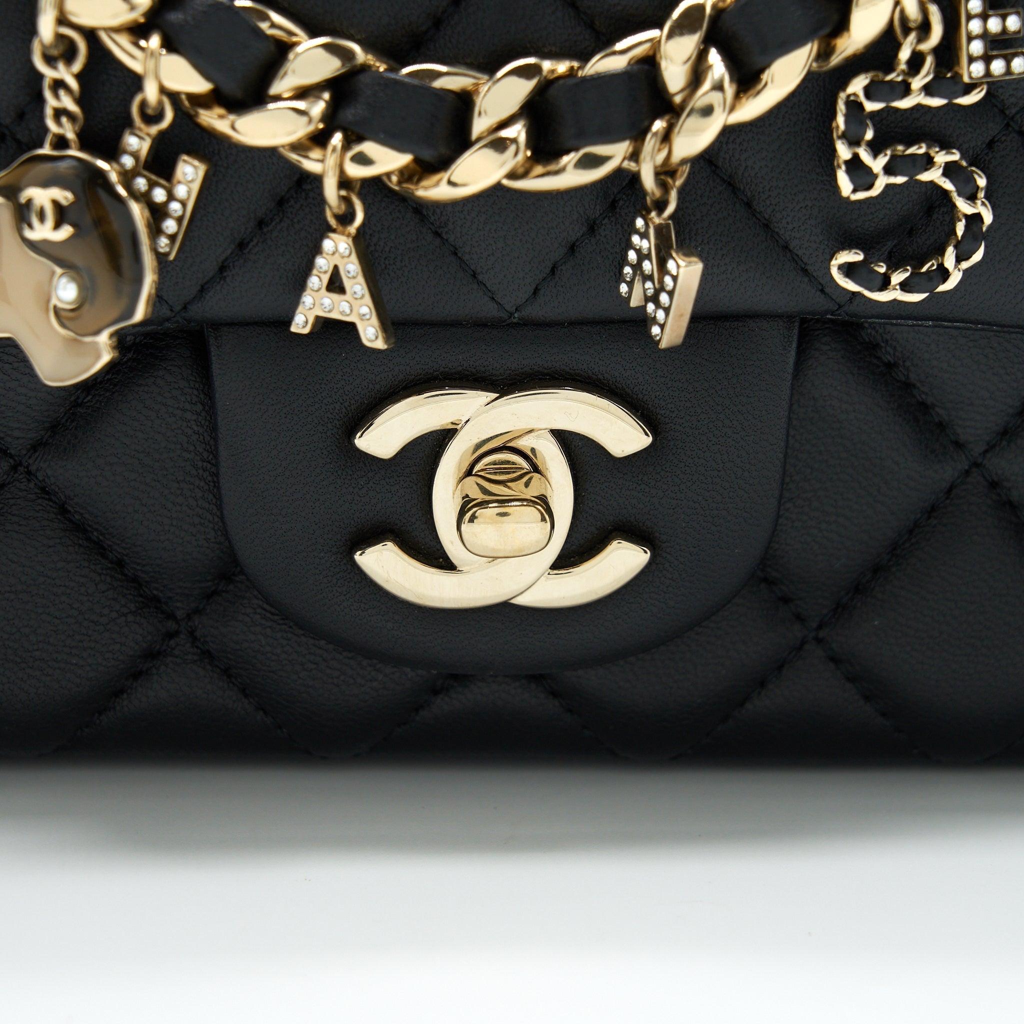 CHANEL MINI RECTANGULAR FLAP BAG WITH BAG CHARMS GIANT CHAINS LAMBSKIN BLACK GHW