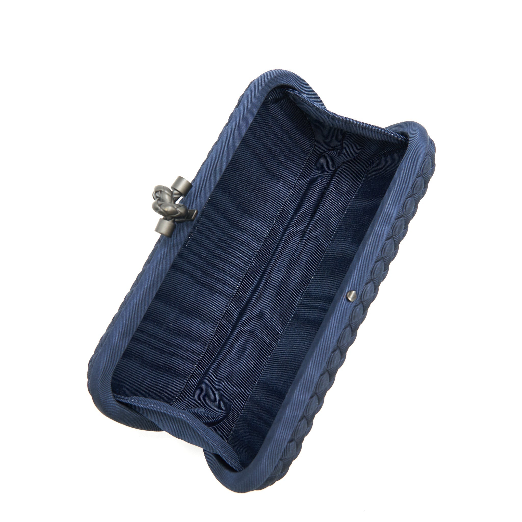 BOTTEGA VENETA KNOT CLUTCH IN NAVY WITH RUTHENIUM HARDWARE