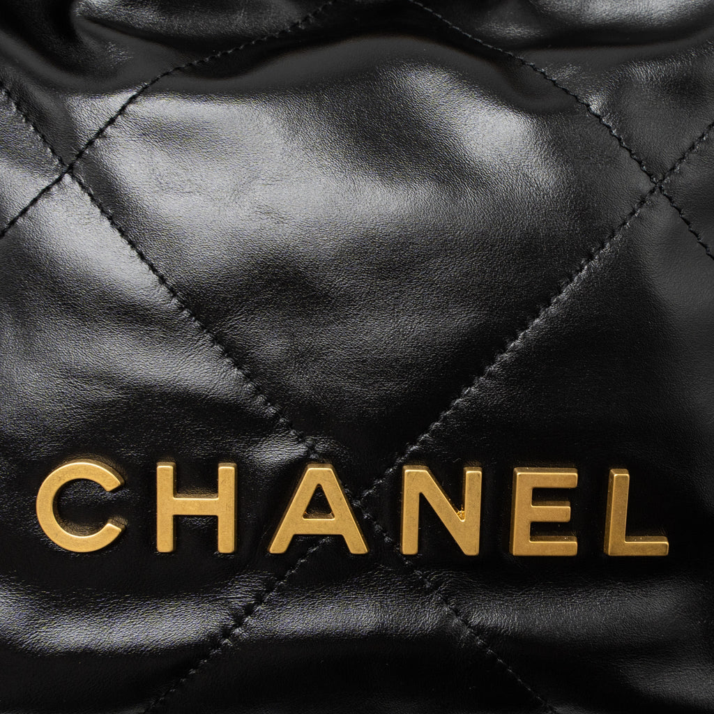 CHANEL 23S MINI 22 BAG SHINY CALFSKIN BLACK BRUSHED GHW (MICROCHIP)