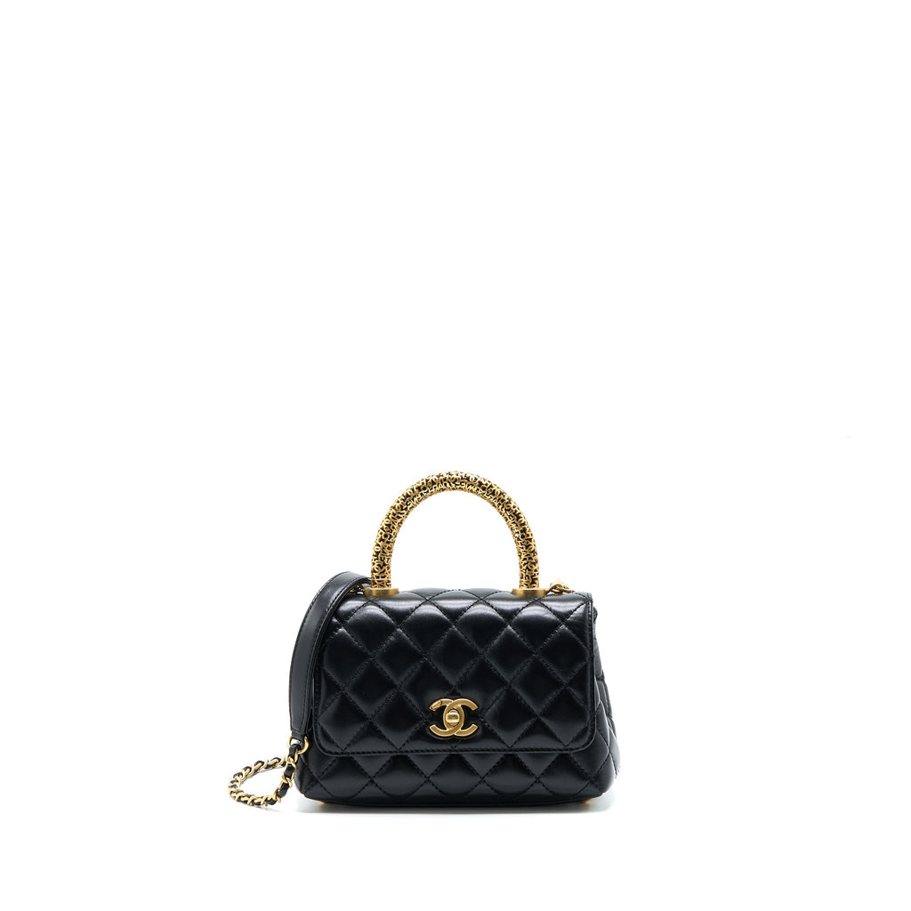 CHANEL 22A MINI COCO HANDLE WITH DETAILED LETTER HANDLE CALFSKIN BLACK BRUSHED GHW (MICROCHIP)