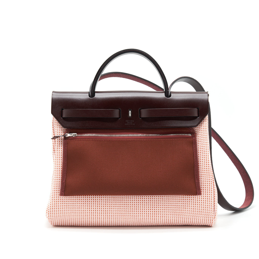 HERMES HERBAG ZIP 31 TOILE AND LEATHER ECRU-BRIQUE-MAUVE PINK/ ROUGE SELLIER SHW