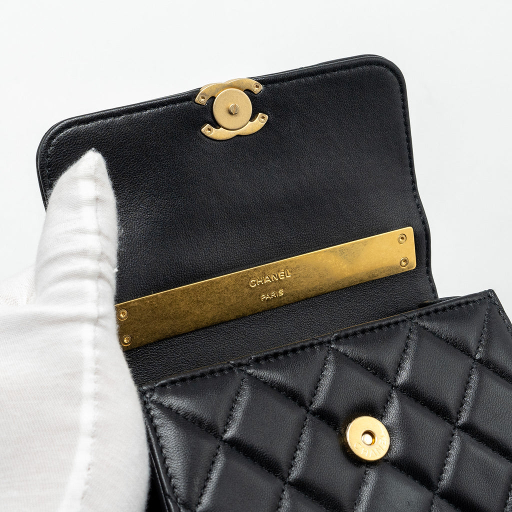 CHANEL 22B ENAMEL TOP HANDLE MINI FLAP BAG LAMBSKIN BLACK GHW (MICROCHIP)