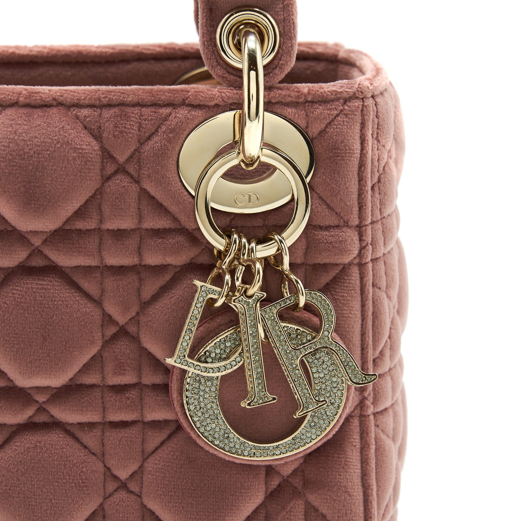 DIOR MINI LADY DIOR VELVET PINK WITH CRYSTAL LIGHT GOLD HARDWARE