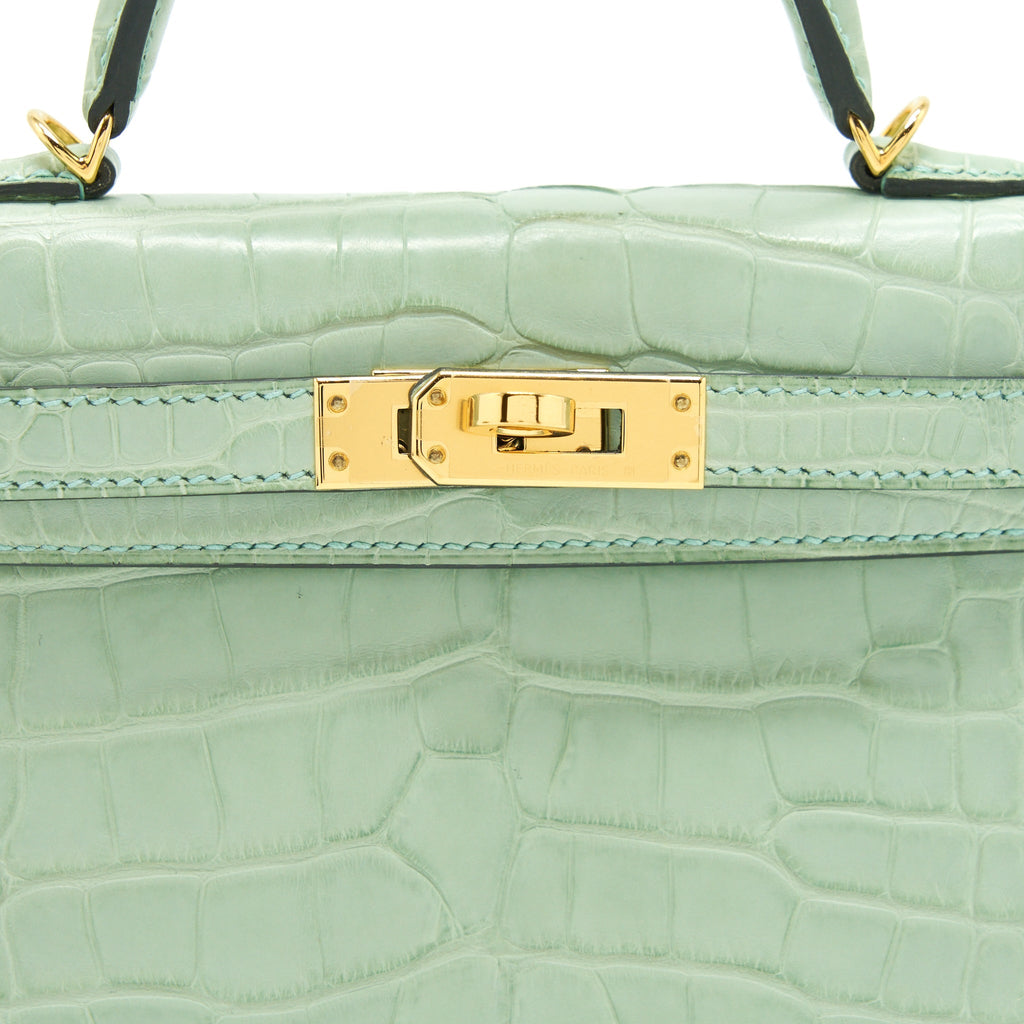 HERMES MINI KELLY 20CM ALLIGATOR MATT 6U VERT D’EAU GHW