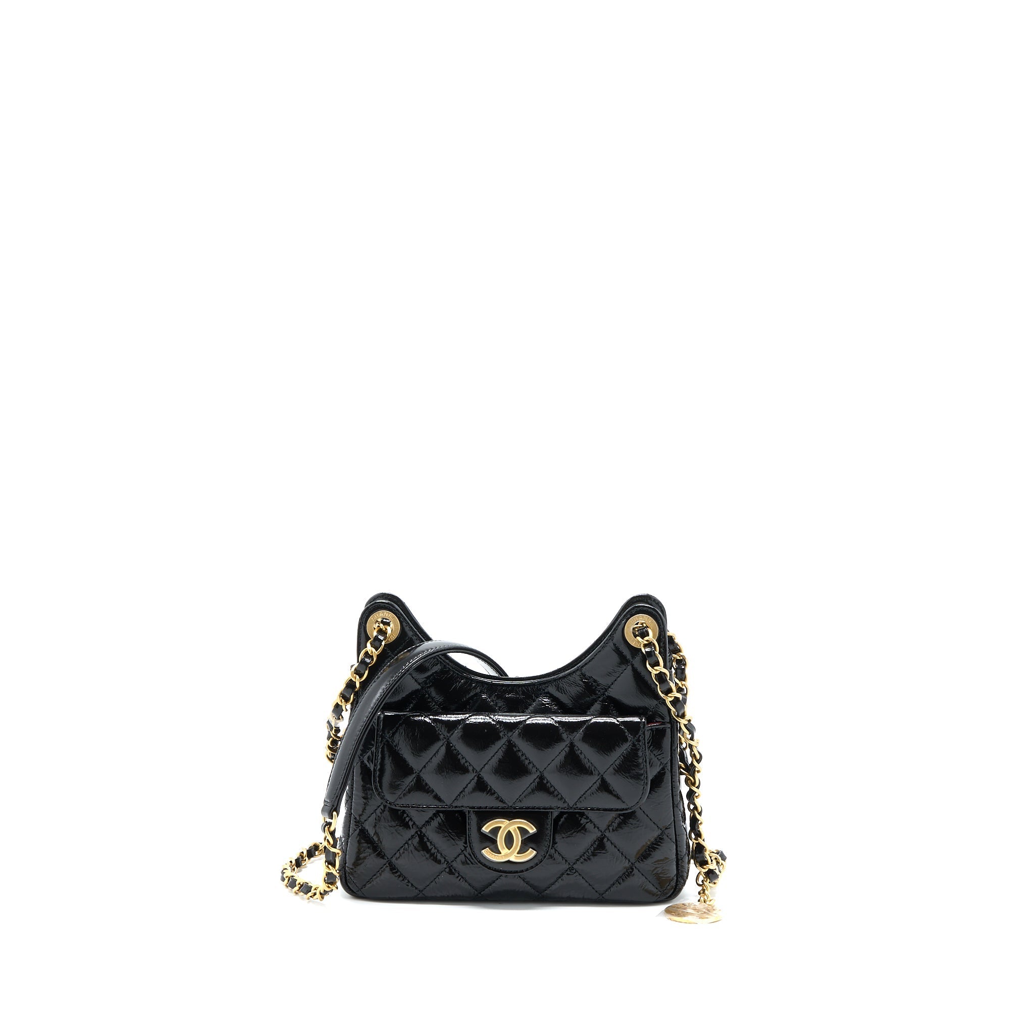 CHANEL 23C SMALL HOBO BAG SHINY CALFSKIN BLACK BRUSHED GHW (MICROCHIP)