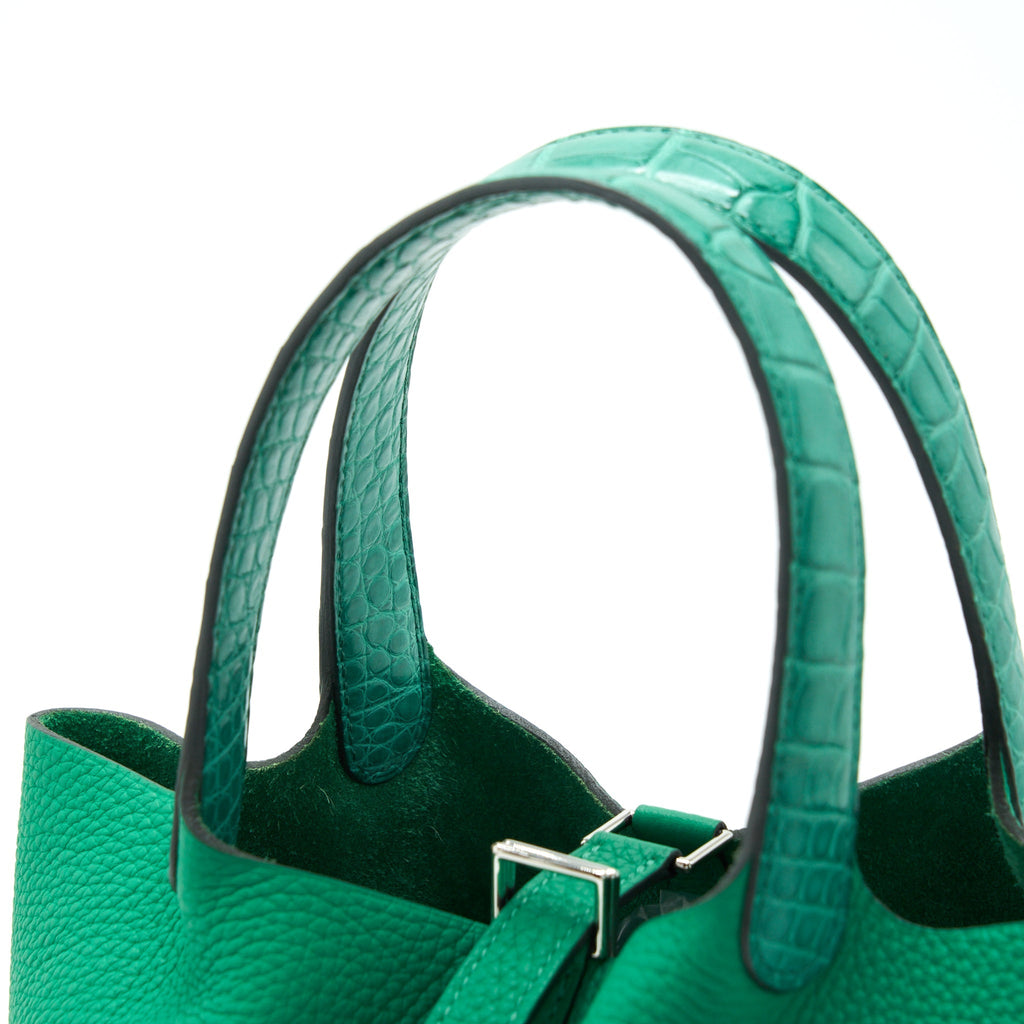 HERMES PICOTIN LOCK 18 TOUCH BAG CLEMENCE WITH ALLIGATOR HANDLE MENTHE/VERT JADE SHW