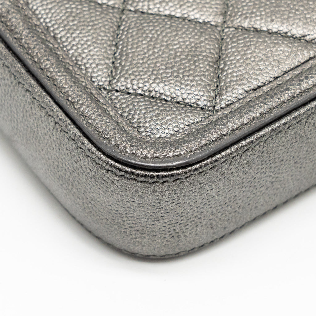 CHANEL CC FILIGREE DOUBLE ZIP CLUTCH WITH CHAIN CAVIAR GREY SHW