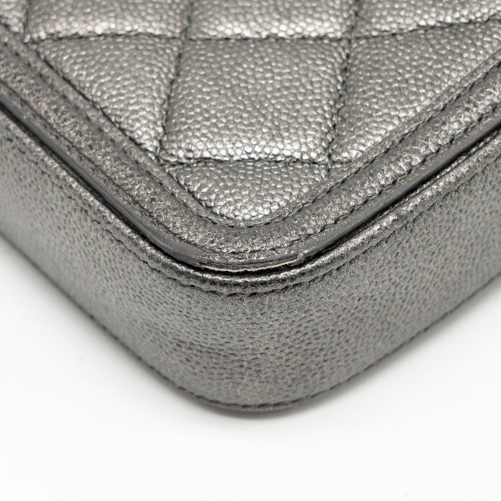 CHANEL CC FILIGREE DOUBLE ZIP CLUTCH WITH CHAIN CAVIAR GREY SHW