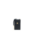CHANEL VERTICAL FLAP PHONE POUCH WITH PEARL CHAIN LAMBSKIN BLACK BRUSHED GHW