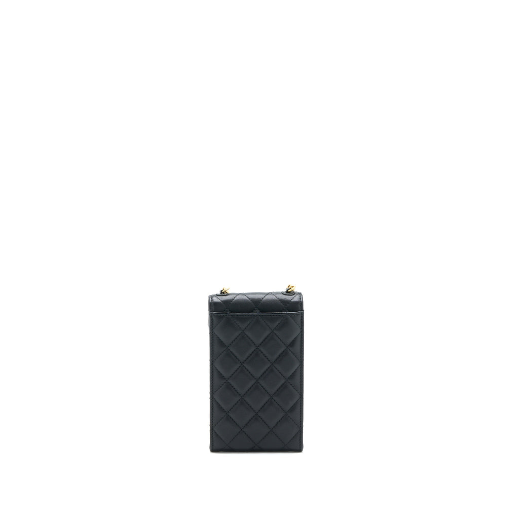 CHANEL VERTICAL FLAP PHONE POUCH WITH PEARL CHAIN LAMBSKIN BLACK BRUSHED GHW