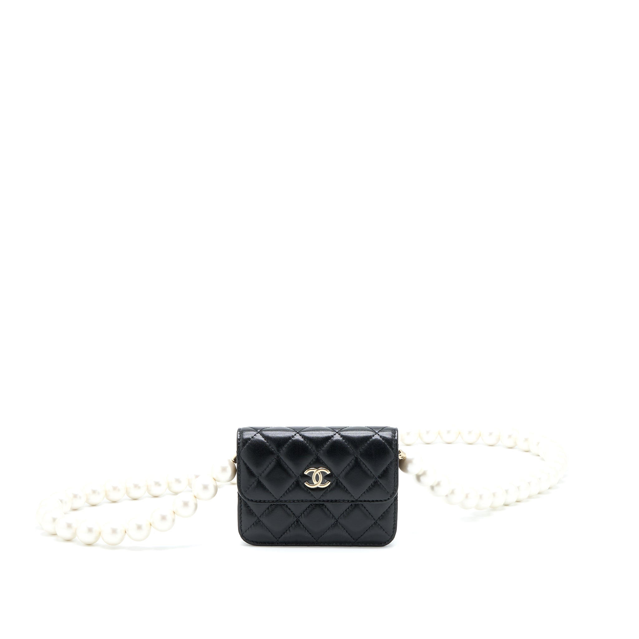 CHANEL MINI FLAP BAG WITH GIANT PEARL CHAIN LAMBSKIN BLACK LGHW