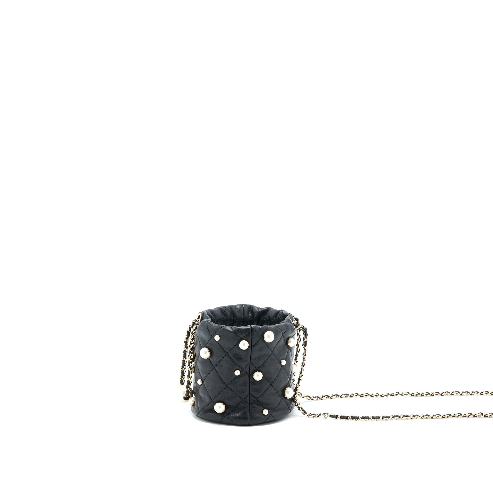 CHANEL MINI PEARLY BUCKET BAG WITH CHAIN LAMBSKIN BLACK LGHW