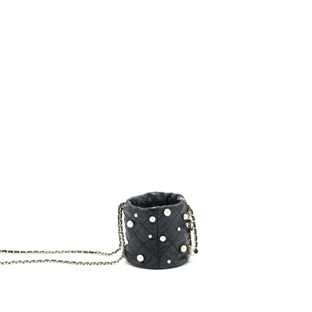 CHANEL MINI PEARLY BUCKET BAG WITH CHAIN LAMBSKIN BLACK LGHW