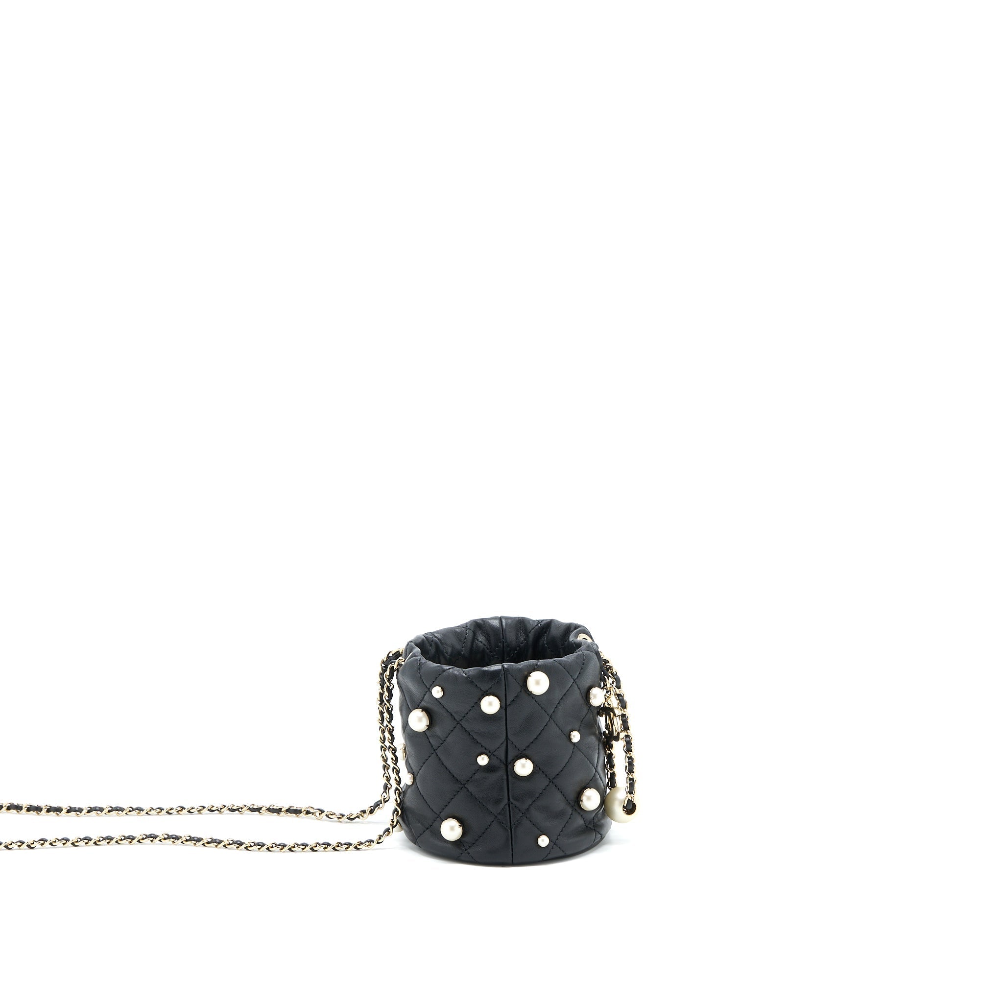 CHANEL MINI PEARLY BUCKET BAG WITH CHAIN LAMBSKIN BLACK LGHW
