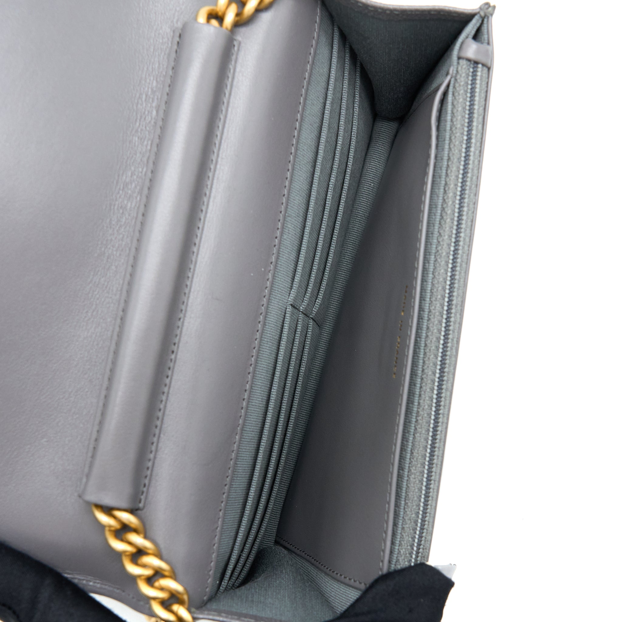 CHANEL 22A BOY WALLET ON CHAIN GRAINED CALFSKIN DARK GREY BRUSHED GHW (MICROCHIP)
