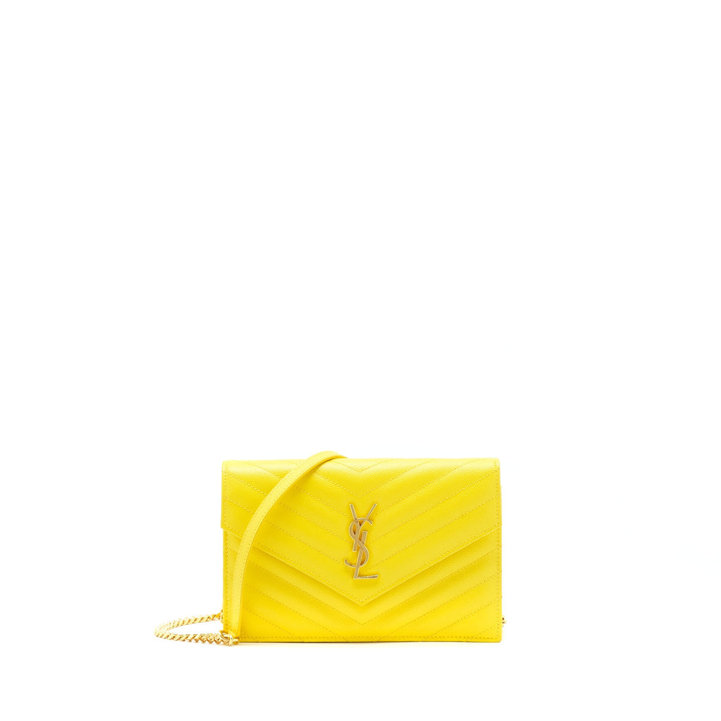 SAINT LAURENT /YSL ENVELOPE WALLET ON CHAIN GRAINED CALFSKIN YELLOW GHW