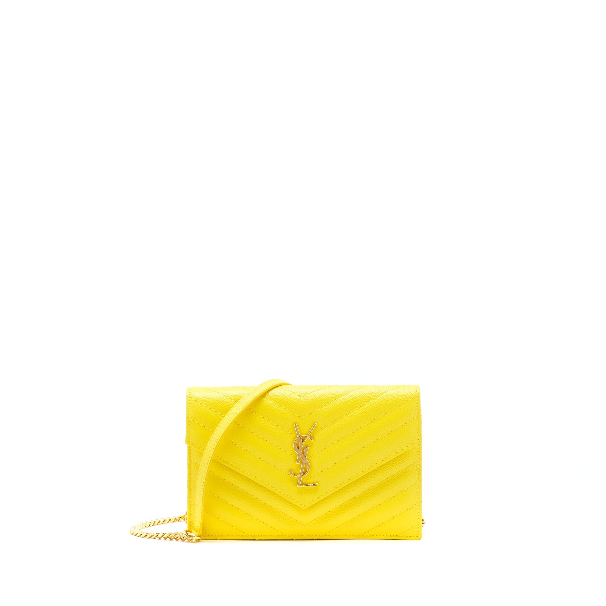 SAINT LAURENT /YSL ENVELOPE WALLET ON CHAIN GRAINED CALFSKIN YELLOW GHW