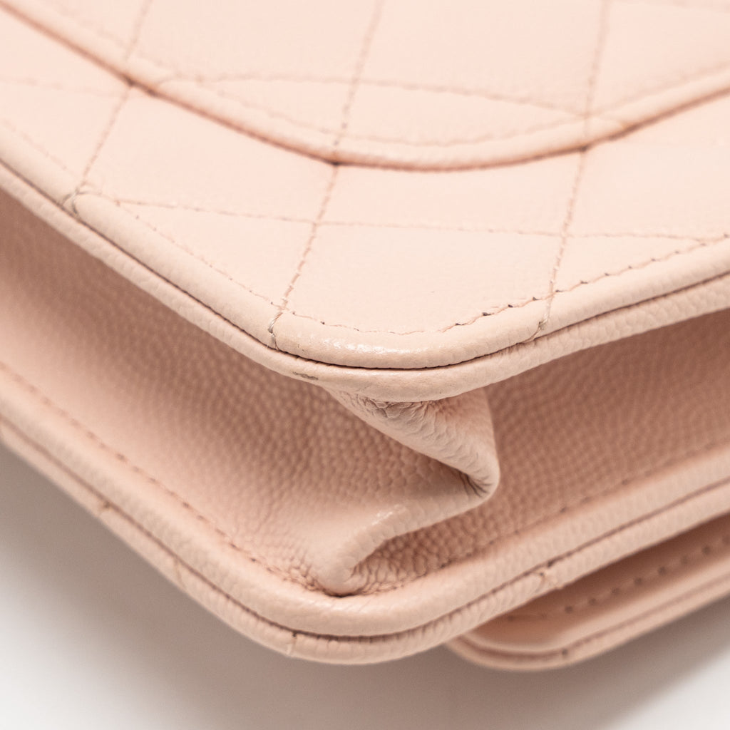 CHANEL CAMELLIA TURNLOCK WALLET ON CHAIN CAVIAR LIGHT PINK GHW (MICROCHIP)