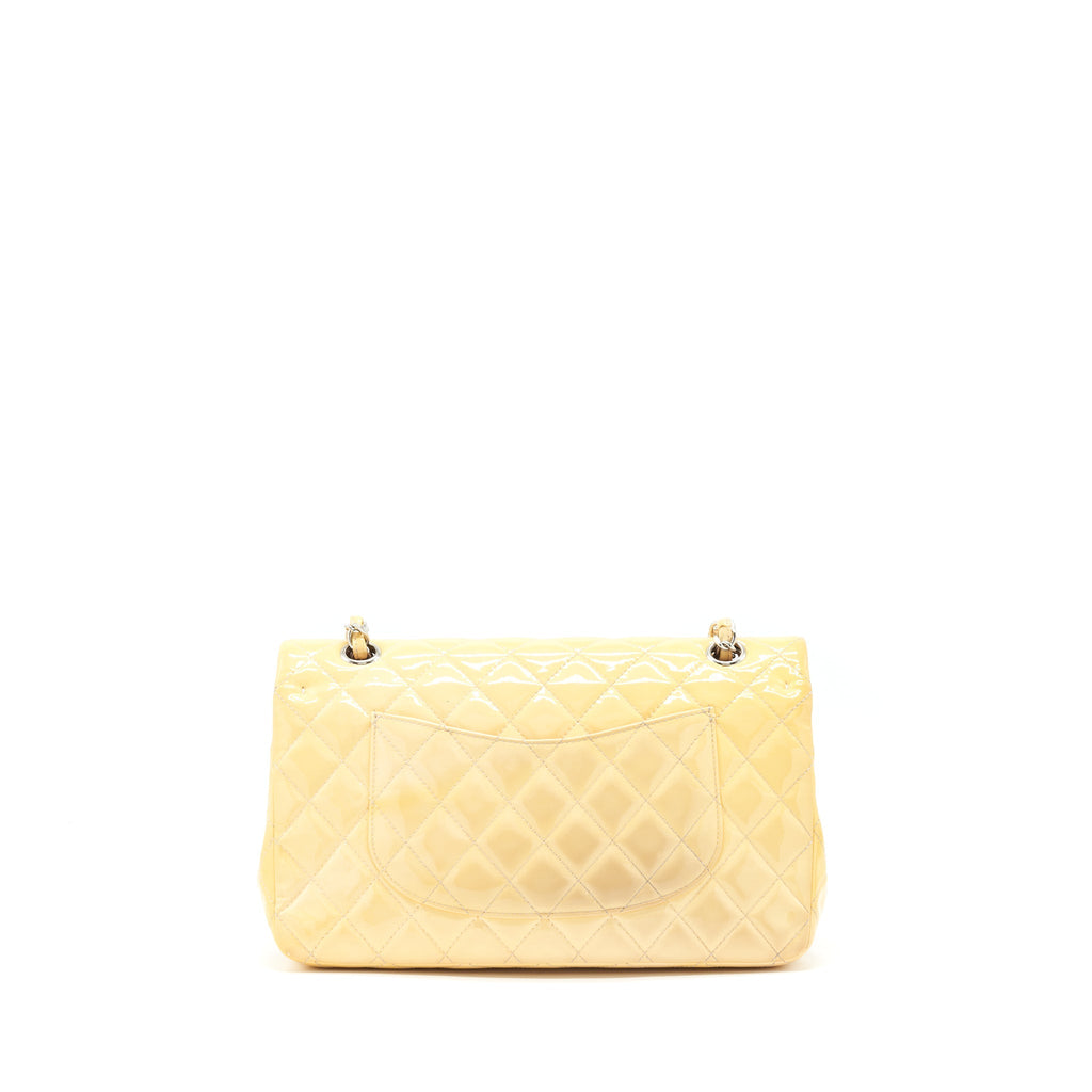 CHANEL MEDIUM CLASSIC DOUBLE FLAP BAG YELLOW PATENT SHW