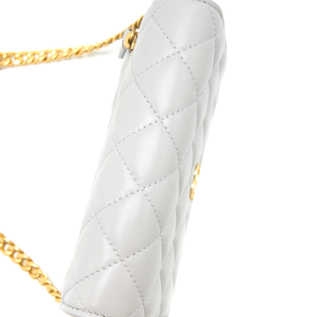 CHANEL MINI SQUARE WALLET ON CHAIN WITH GEM CHAINS LAMBSKIN LIGHT GREY LGHW