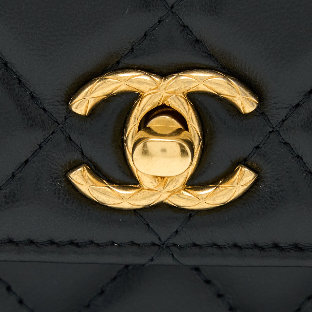 CHANEL 22K GOLD PILLAR WALLET ON CHAIN LAMBSKIN BLACK BRUSHED GHW (MICROCHIP)