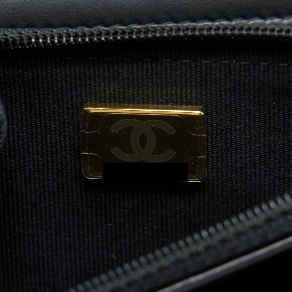 CHANEL 22K GOLD PILLAR WALLET ON CHAIN LAMBSKIN BLACK BRUSHED GHW (MICROCHIP)