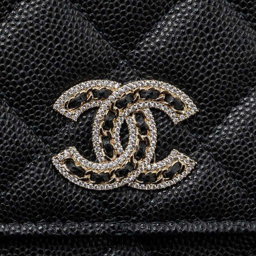 CHANEL DETAILED LOGO WALLET ON CHAIN BLACK CAVIAR LGHW (MICROCHIP)