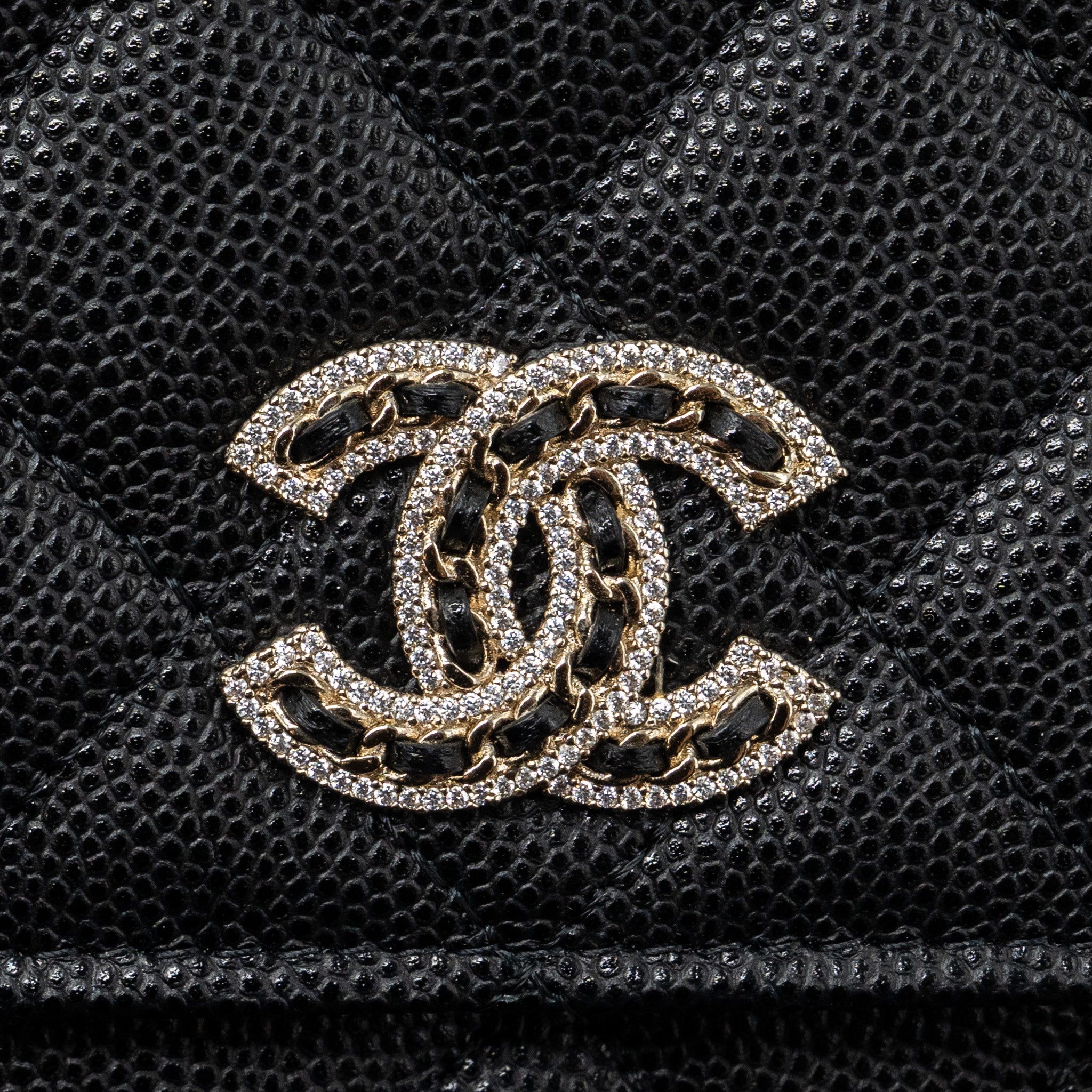 CHANEL DETAILED LOGO WALLET ON CHAIN BLACK CAVIAR LGHW (MICROCHIP)