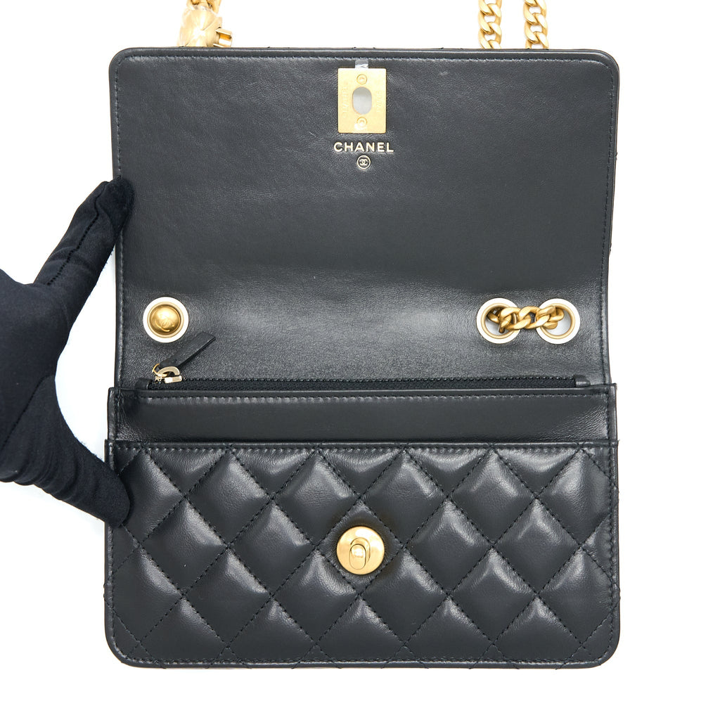CHANEL 22K GOLD PILLAR WALLET ON CHAIN LAMBSKIN BLACK BRUSHED GHW (MICROCHIP)