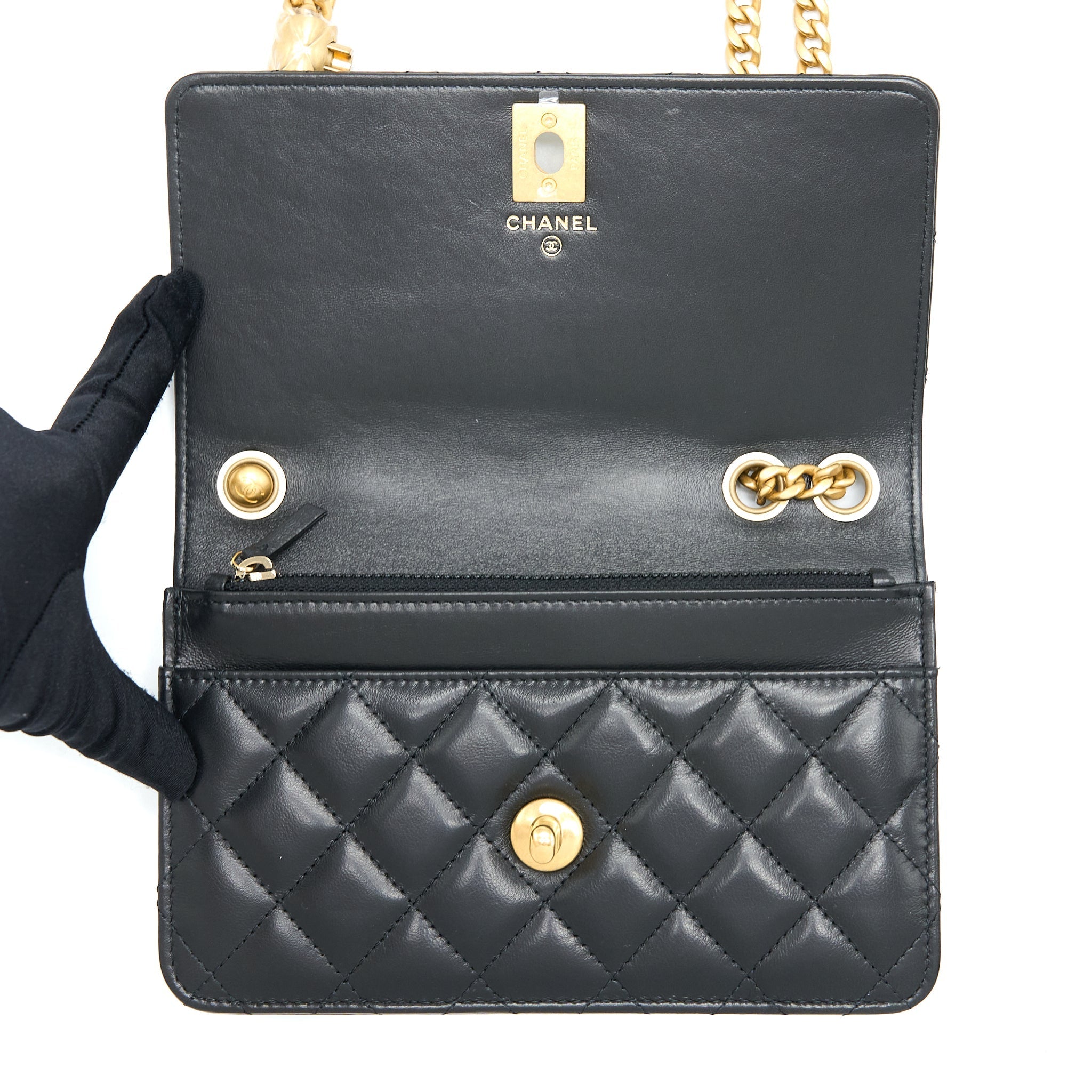 CHANEL 22K GOLD PILLAR WALLET ON CHAIN LAMBSKIN BLACK BRUSHED GHW (MICROCHIP)