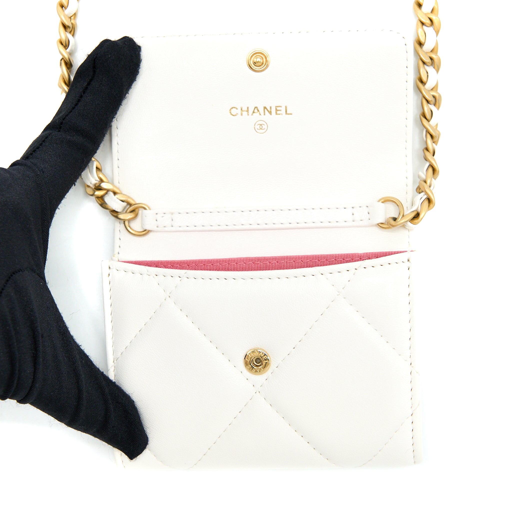 CHANEL 19 COIN PURSE WITH CHAIN GOATSKIN WHITE MULTICOLOUR HARDWARE