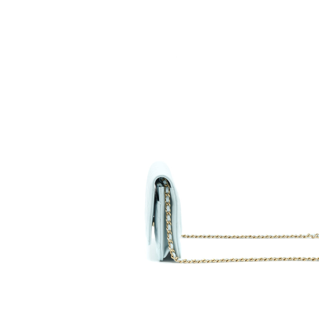 CHANEL RIBBON WALLET ON CHAIN LAMBSKIN LIGHT BLUE LGHW