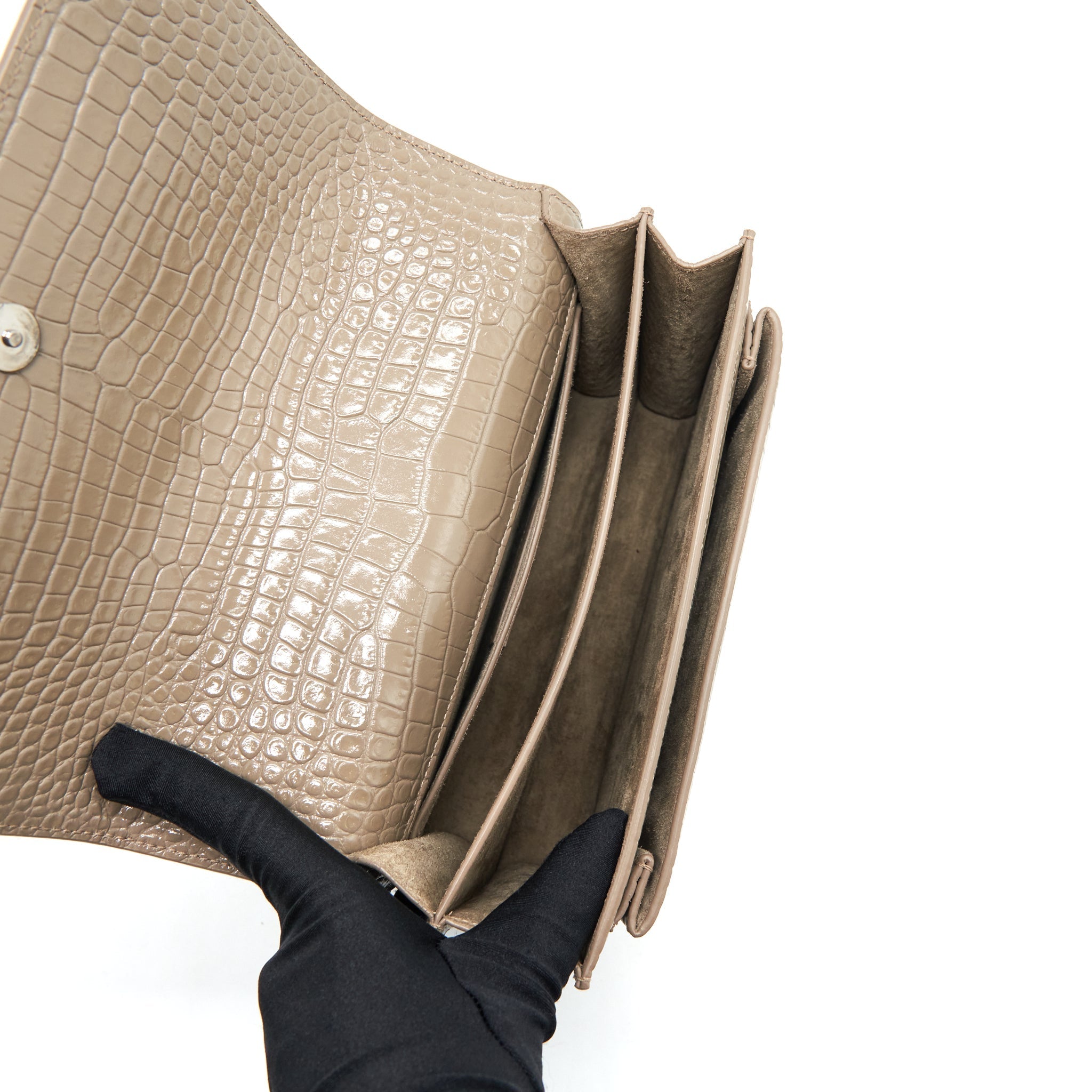 SAINT LAURENT (YSL) MEDIUM SUNSET CROC-EMBOSSED SHINY LIGHT BRONZE SHW