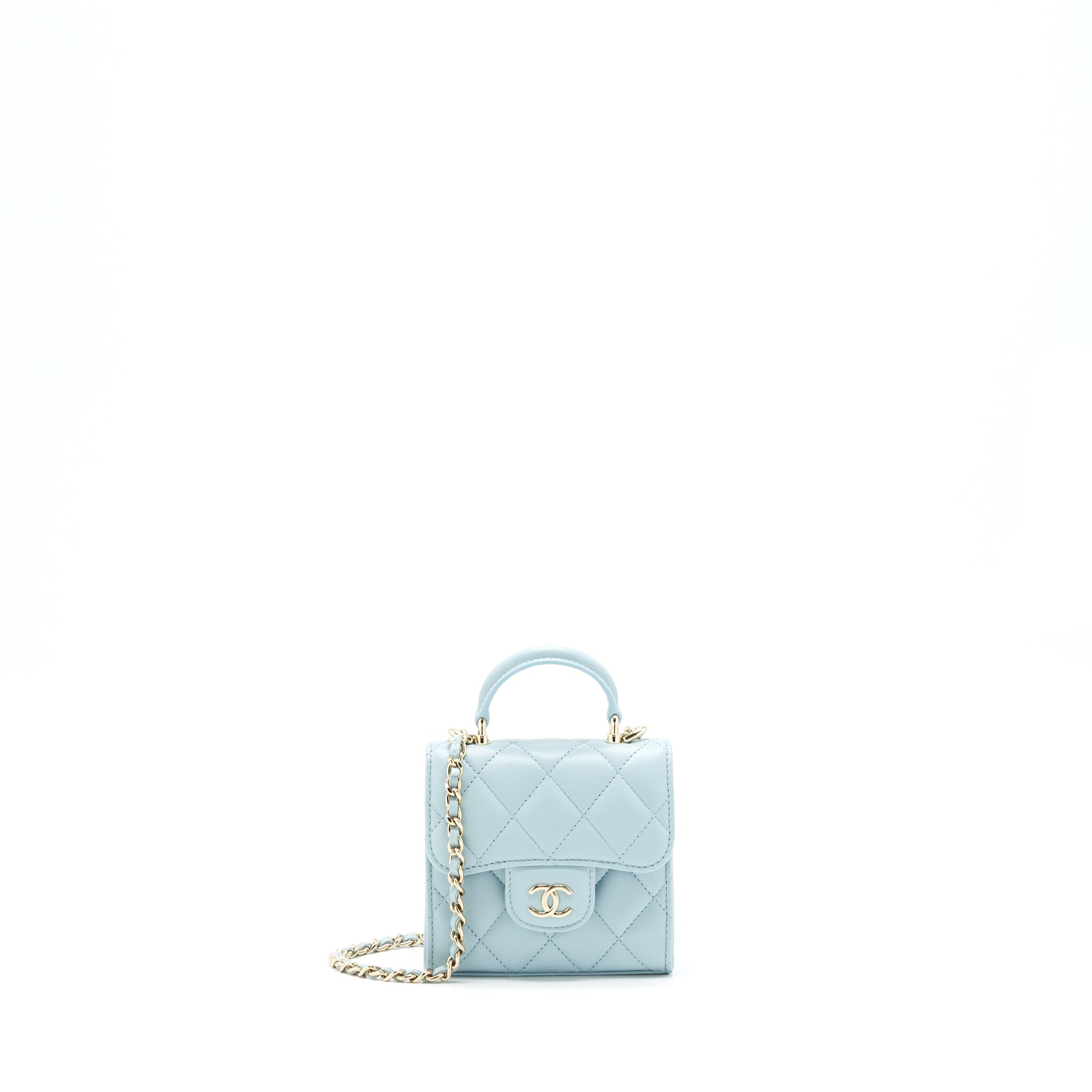 CHANEL 22P TOP HANDLE MINI VANITY ON CHAIN LAMBSKIN LIGHT BLUE LGHW
