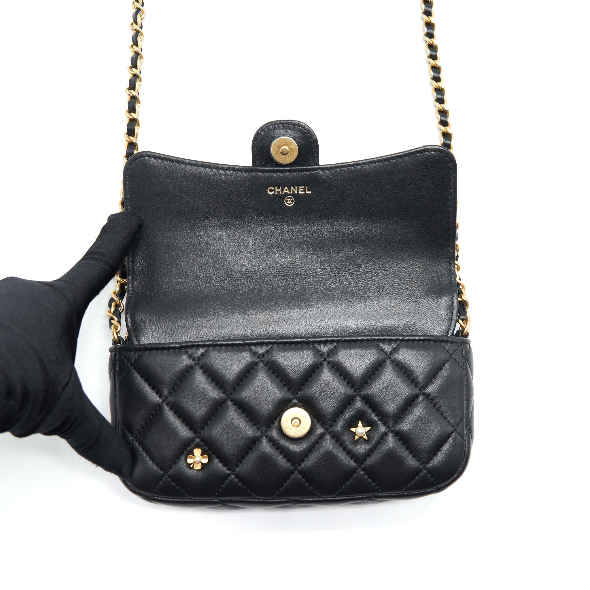 CHANEL LIMITED CHARM DOUBLE LAYER MINI CHAIN BAG LAMBSKIN BLACK GHW
