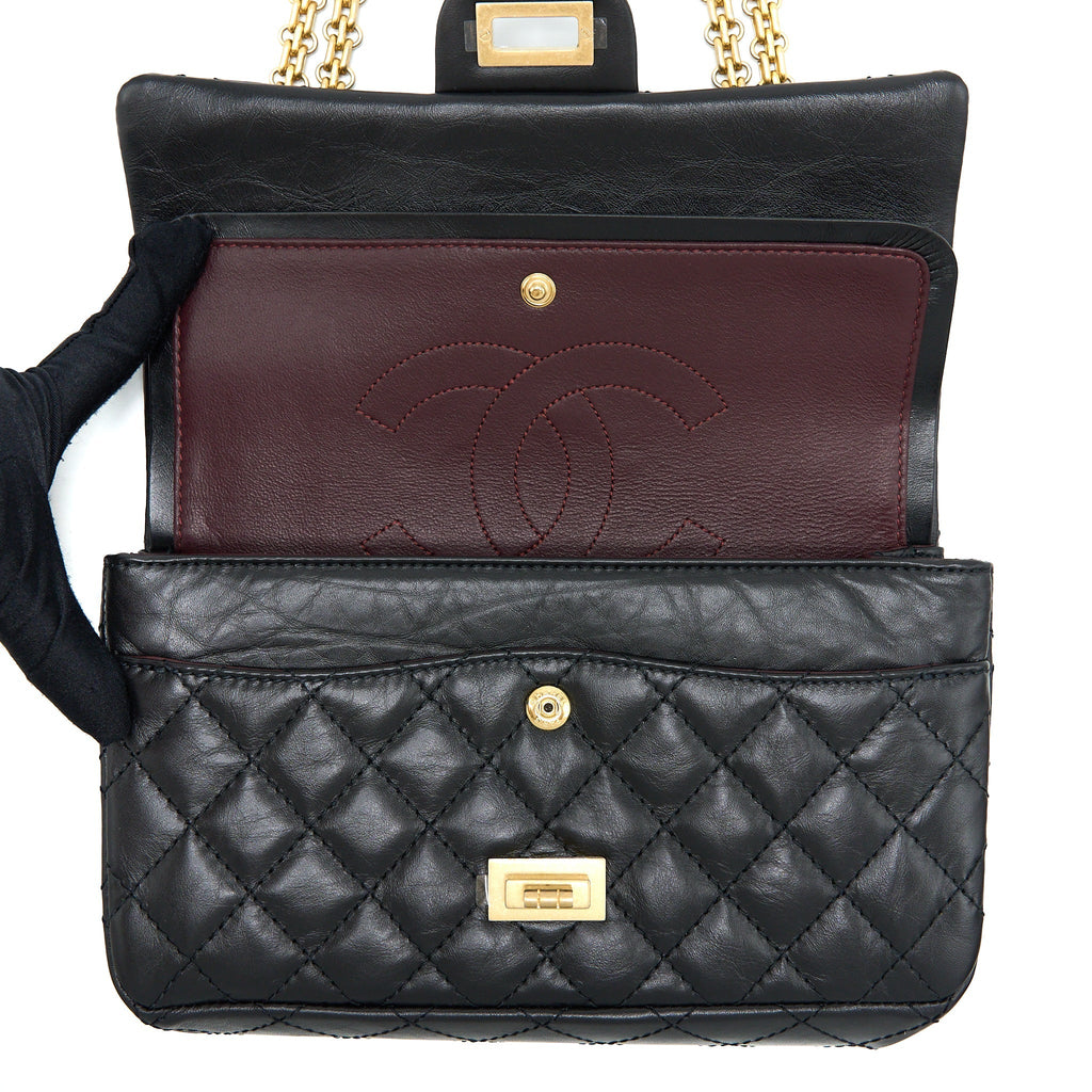 CHANEL SMALL 2.55 REISSUE FLAP BAG AGED CALFSKIN BLACK BRUSHED GHW