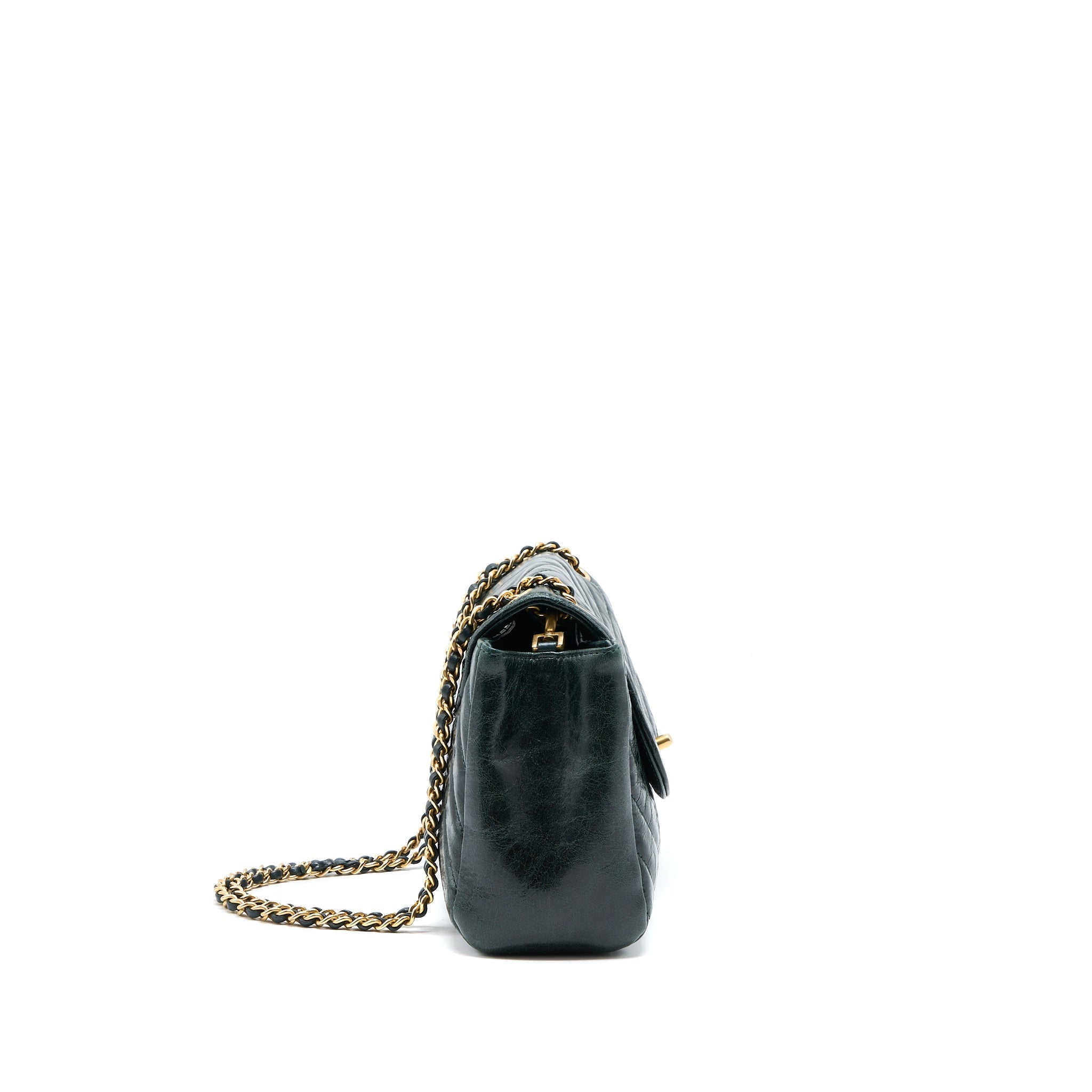 CHANEL CHEVRON HAMPTON FLAP BAG AGED CALFSKIN DARK GREEN GHW